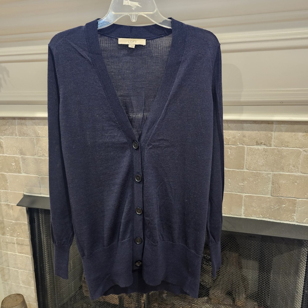 LOFT Womens Large Navy Blue Light Wool Blend Cardigan Knit Sweater